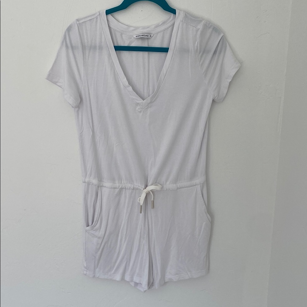 White Short Sleeve Pajama Set with V-Neck and Drawstring Waist